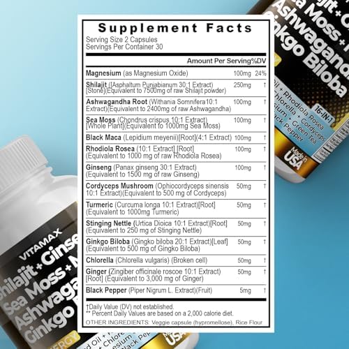 Suplemento Vitamax Pure Shilajit del Himalaya con Ashwagandha, Musgo Marino, Rhodiola Rosea y Ginkgo Biloba - Cápsulas de Ácido Fúlvico y Minerales - imagen 7