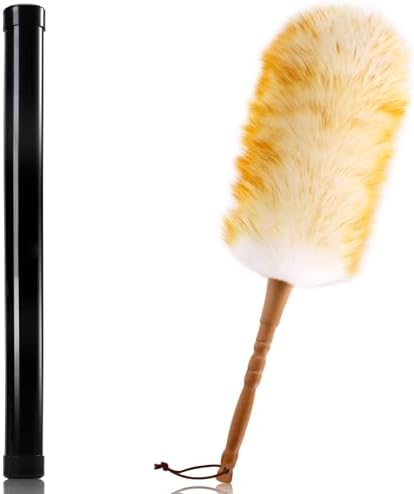 Duster de lana de cordero con mango de madera, correa de cuero, 18.9 pulgadas, plumero natural para limpiar ventiladores, persianas, pantallas y más - imagen 1
