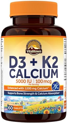 Vitalitown Vitamina D3 K2 y Calcio 1200 mg, 5000 IU, Alta Potencia para Huesos, Dientes y Sistema Inmunológico, 60 Tabletas - imagen 1