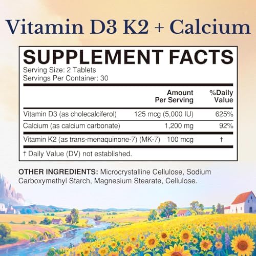 Vitalitown Vitamina D3 K2 y Calcio 1200 mg, 5000 IU, Alta Potencia para Huesos, Dientes y Sistema Inmunológico, 60 Tabletas - imagen 2