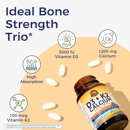 Vitalitown Vitamina D3 K2 y Calcio 1200 mg, 5000 IU, Alta Potencia para Huesos, Dientes y Sistema Inmunológico, 60 Tabletas - imagen 3