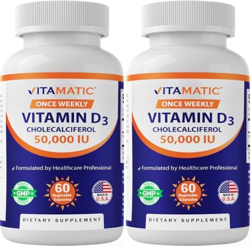 Vitamatic Paquete de 2 Vitaminas D3 50,000 UI (como Colecalciferol), Dosis Semanal, 1250 mcg, 60 Cápsulas Veganas, Suministro para 1 Año, Fórmula - imagen 1