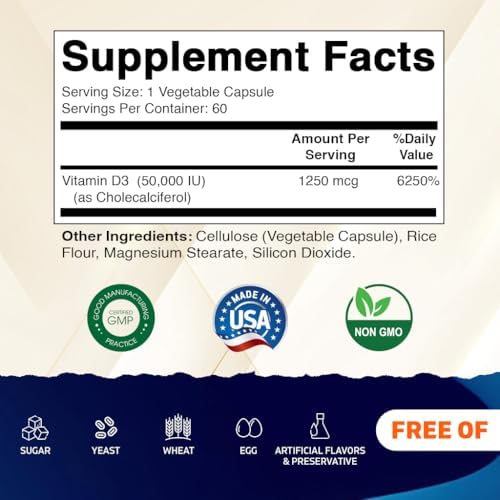 Vitamatic Paquete de 2 Vitaminas D3 50,000 UI (como Colecalciferol), Dosis Semanal, 1250 mcg, 60 Cápsulas Veganas, Suministro para 1 Año, Fórmula - imagen 2