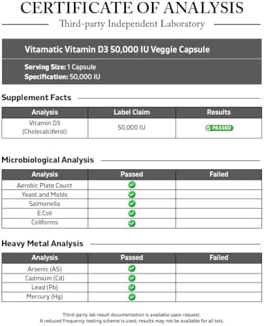 Vitamatic Paquete de 2 Vitaminas D3 50,000 UI (como Colecalciferol), Dosis Semanal, 1250 mcg, 60 Cápsulas Veganas, Suministro para 1 Año, Fórmula - imagen 3