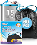 Bolsas de Basura de 15 Galones Teivio, 60 Cuentas, Resistentes y Altas, para Cocina, Jardín y Oficina, Color Negro - imagen 1