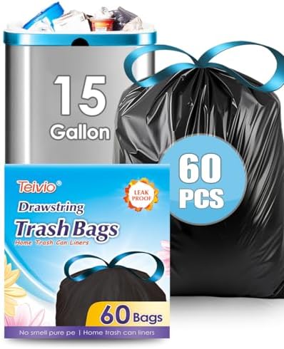 Bolsas de Basura de 15 Galones Teivio, 60 Cuentas, Resistentes y Altas, para Cocina, Jardín y Oficina, Color Negro - imagen 1