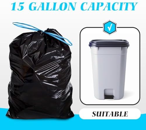 Bolsas de Basura de 15 Galones Teivio, 60 Cuentas, Resistentes y Altas, para Cocina, Jardín y Oficina, Color Negro - imagen 4