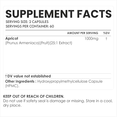 Suplemento de Extracto de Albaricoque AMALTH en Cápsulas (25:1) 120 Cápsulas de 500mg, 1000mg por Porción (Paquete de 1) (Herbal, Vegano, No - imagen 2