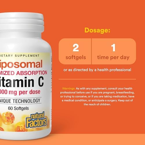Vitamin C Liposomal Natural Factors 1000 mg - Suplemento Antioxidante para Inmunidad y Salud de la Piel - 60 Cápsulas (30 Porciones) Sin Gluten, - imagen 3
