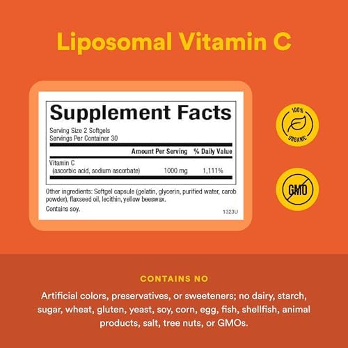 Vitamin C Liposomal Natural Factors 1000 mg - Suplemento Antioxidante para Inmunidad y Salud de la Piel - 60 Cápsulas (30 Porciones) Sin Gluten, - imagen 4