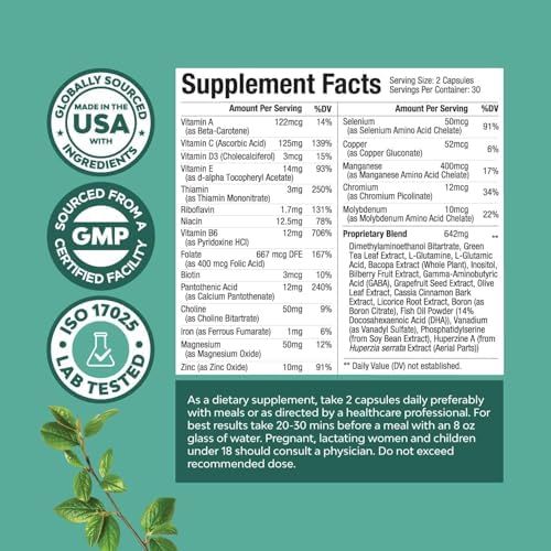 Suplemento Avanzado para la Memoria y Concentración - Nootrópicos para el Apoyo Cognitivo con Vitaminas para Adultos - 60 Cápsulas - imagen 3