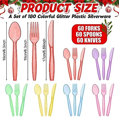 Set de Cubiertos Desechables de Plástico Brillante Lasnten de 180 Piezas en Colores Rojo y Verde, 60 Cuchillos, 60 Cucharas y 60 Tenedores para - imagen 2