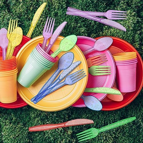 Set de Cubiertos Desechables de Plástico Brillante Lasnten de 180 Piezas en Colores Rojo y Verde, 60 Cuchillos, 60 Cucharas y 60 Tenedores para - imagen 4