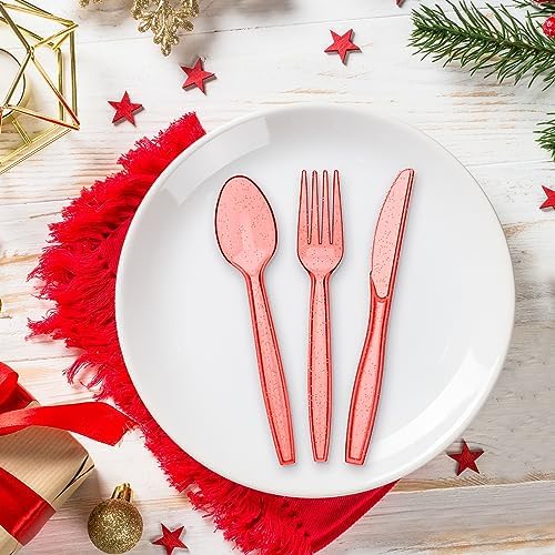 Set de Cubiertos Desechables de Plástico Brillante Lasnten de 180 Piezas en Colores Rojo y Verde, 60 Cuchillos, 60 Cucharas y 60 Tenedores para - imagen 7
