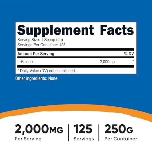 Nutricost L-Prolina en Polvo 250 Gramos - 2,000mg por Porción, Sin OGM - imagen 2