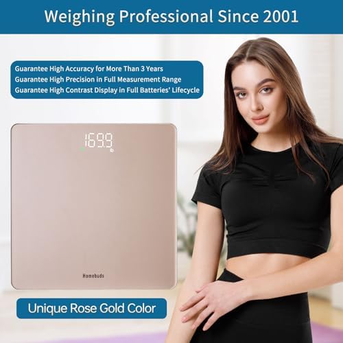 Báscula de baño Homebuds para peso corporal, precisión de 0.1lb, LED blanco fácil de ver, 400lb/182kg, color oro rosa, incluye 3 pilas AAA - imagen 2