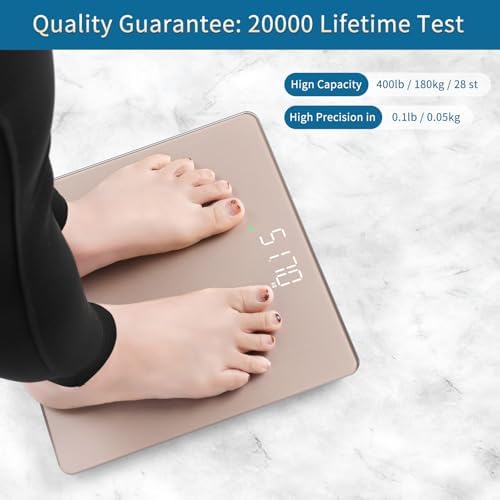Báscula de baño Homebuds para peso corporal, precisión de 0.1lb, LED blanco fácil de ver, 400lb/182kg, color oro rosa, incluye 3 pilas AAA - imagen 3