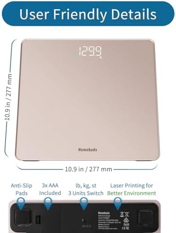 Báscula de baño Homebuds para peso corporal, precisión de 0.1lb, LED blanco fácil de ver, 400lb/182kg, color oro rosa, incluye 3 pilas AAA - imagen 5
