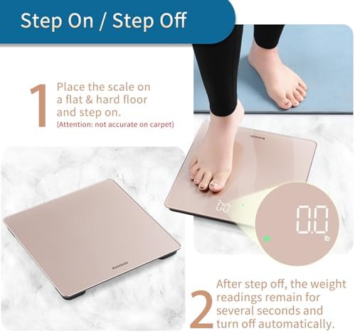 Báscula de baño Homebuds para peso corporal, precisión de 0.1lb, LED blanco fácil de ver, 400lb/182kg, color oro rosa, incluye 3 pilas AAA - imagen 7