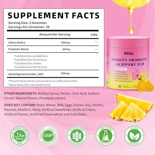 Gomitas de Probióticos para Mujeres YXSW con Olmo Resbaladizo, Sin Azúcar, Apoyo para el pH, Salud Digestiva e Inmunidad, Sabor Piña, 60 Unidades - imagen 2