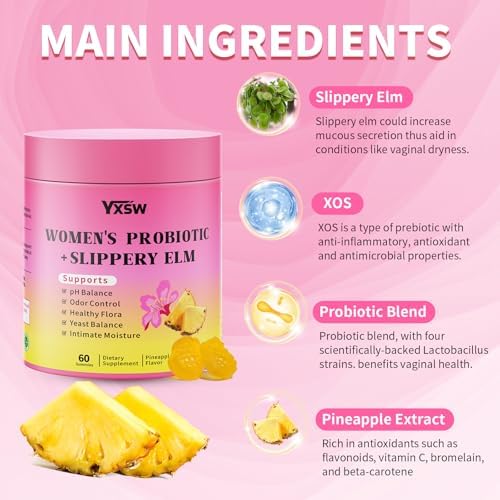 Gomitas de Probióticos para Mujeres YXSW con Olmo Resbaladizo, Sin Azúcar, Apoyo para el pH, Salud Digestiva e Inmunidad, Sabor Piña, 60 Unidades - imagen 4