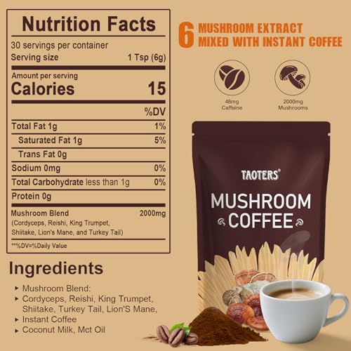 Café Adaptógeno de Hongos, 6 Extractos de Hongos (Melena de León, Cordyceps, Cola de Pavo y Más) Mezclado con Café Instantáneo para Enfoque, Energía - imagen 2