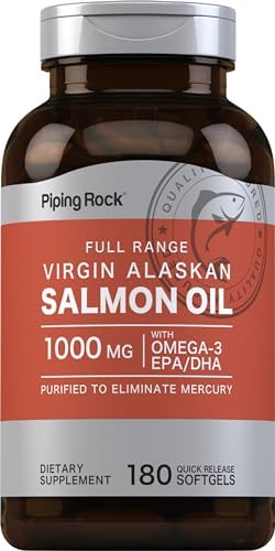 Aceite de Salmón Salvaje de Alaska Piping Rock para Humanos | 1000mg | 180 Cápsulas Blandas | Suplemento Omega 3 con EPA y DHA | Sin OGM y Sin Gluten - imagen 1
