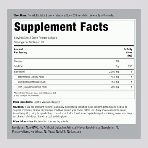Aceite de Salmón Salvaje de Alaska Piping Rock para Humanos | 1000mg | 180 Cápsulas Blandas | Suplemento Omega 3 con EPA y DHA | Sin OGM y Sin Gluten - imagen 2