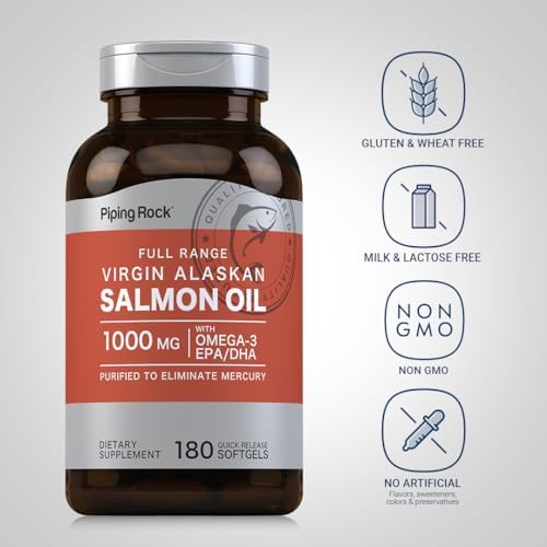 Aceite de Salmón Salvaje de Alaska Piping Rock para Humanos | 1000mg | 180 Cápsulas Blandas | Suplemento Omega 3 con EPA y DHA | Sin OGM y Sin Gluten - imagen 3