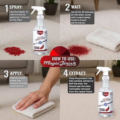 Magic Finish Protein Spotter (32 Oz) – Potente Spray Quitamanchas para Tela y Alfombra – Elimina Manchas de Sangre, Orina de Mascotas, Vómito, Comida - imagen 6