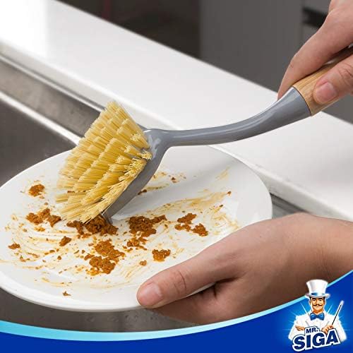 Cepillo para Platos MR.SIGA con Mango Largo de Bambú y Raspador Integrado, Cepillo para Sartenes y Ollas, Paquete de 2 - imagen 2