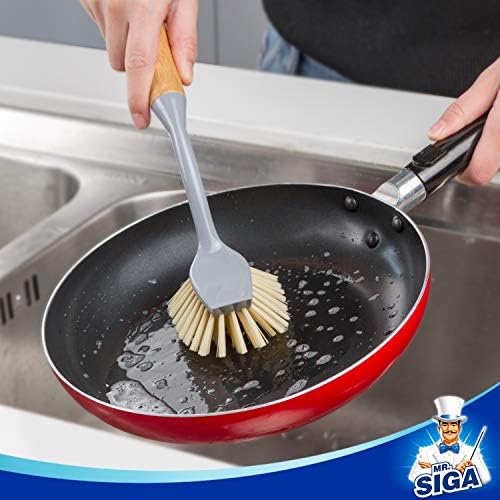 Cepillo para Platos MR.SIGA con Mango Largo de Bambú y Raspador Integrado, Cepillo para Sartenes y Ollas, Paquete de 2 - imagen 3