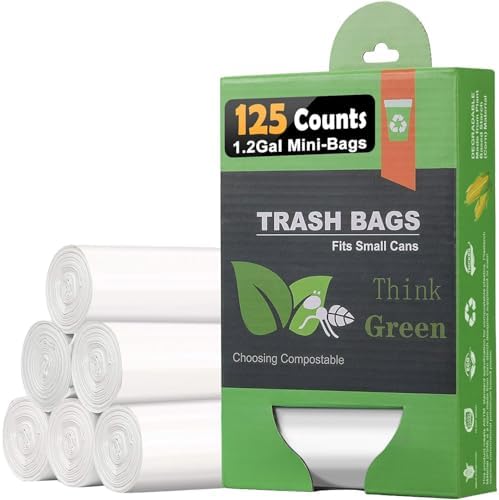 Bolsas de Basura Compostables de 1.2 Galones, Bolsas Pequeñas para Baño, Oficina y Cocina, Resistentes para Botes de 4.5-5 Litros, Color Blanco - imagen 1