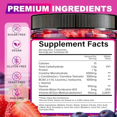 Gomitas de Creatina OSHICAR para Mujeres, 3 Gomitas = 5g de Creatina Monohidratada con L-Carnitina, BCAA y Taurina – Sin Azúcar, Veganas, Color - imagen 3