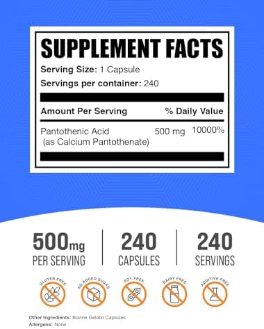 Cápsulas de Vitamina B5 BulkSupplements.com - Ácido Pantoténico, Suplemento de Vitamina B, 500 mg, Libre de Gluten, 240 Cápsulas - imagen 2