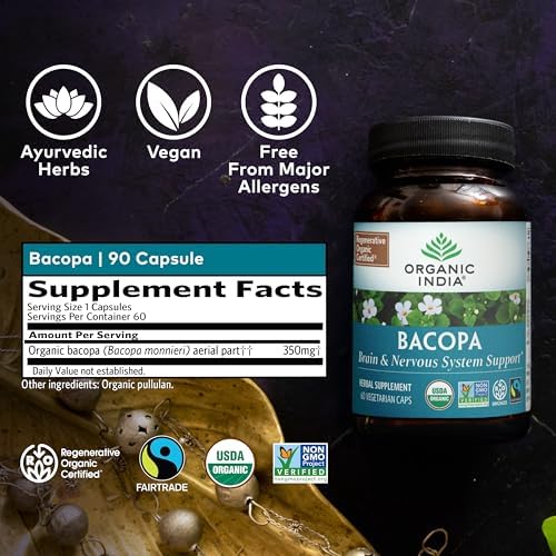 Suplemento de Bacopa ORGANIC INDIA - Bacopa Monnieri Orgánico, Apoyo para el Cerebro, Enfoque y Memoria para Hombres y Mujeres, Hierbas Ayurvédicas, - imagen 3