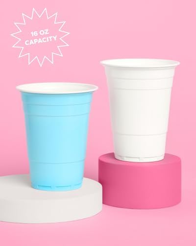 Vasos Desechables de Plástico Fetti Azul y Blanco - 50 Vasos de 16 oz | Utensilios para Despedida de Soltera, Baby Shower, Fiesta de Cumpleaños, - imagen 2