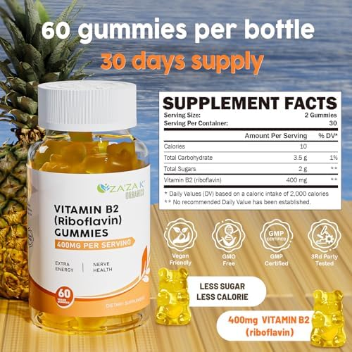 Gomitas de Vitamina B2 ZA'ZA K ORGANICS - Riboflavina 400 mg para Niños y Adultos, Suplemento Vegano, Apoyo Energético y Salud Nerviosa, 60 Gomitas - imagen 2