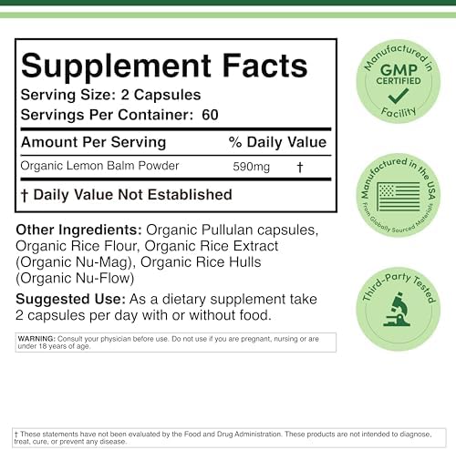 Suplementos Double Wood Bálsamo de Limón Orgánico 120 Cápsulas - Digestión y Relajación 590mg - 120 Porciones - Sin OGM, Sin Gluten y Vegano - imagen 2