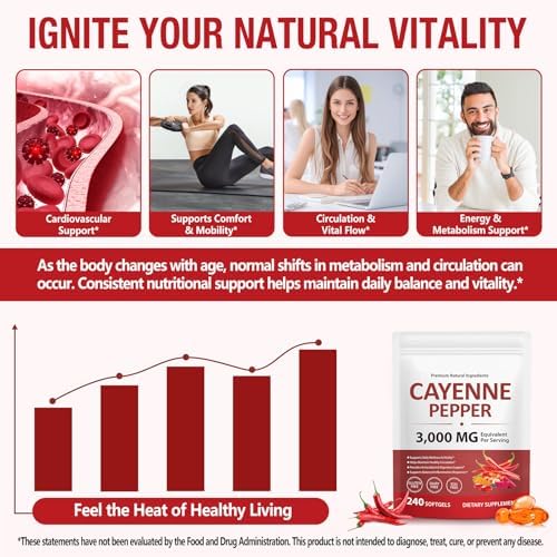 Suplemento de Cápsulas Blandas de Pimienta de Cayena, con Vitamina D3, K2 y E, Extracto de Semilla de Uva, Apoya la Circulación Saludable - 240 - imagen 6