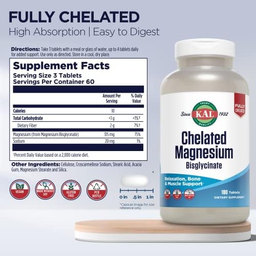KAL Magnesio Bisglicinato Quelado, Suplemento para Relajación, Salud Ósea y Soporte Muscular, Alta Absorción, Vegano, Sin Gluten, 180 Tabletas - imagen 2