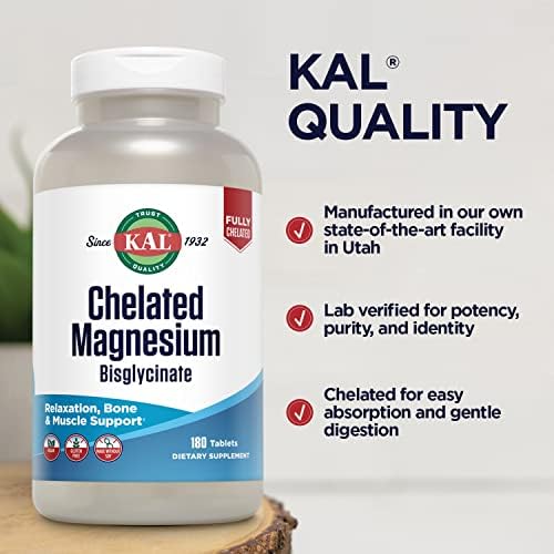 KAL Magnesio Bisglicinato Quelado, Suplemento para Relajación, Salud Ósea y Soporte Muscular, Alta Absorción, Vegano, Sin Gluten, 180 Tabletas - imagen 5