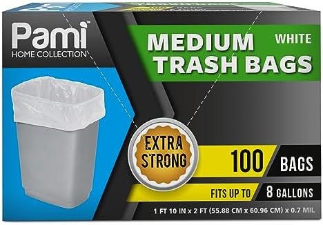 Bolsas de Basura PAMI Medianas de 8 Galones, Paquete de 100, Blancas - Resistentes y Multiusos para Cocina, Baño y Oficina, 1ft x 2ft - imagen 1