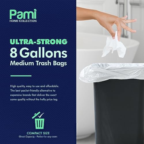 Bolsas de Basura PAMI Medianas de 8 Galones, Paquete de 100, Blancas - Resistentes y Multiusos para Cocina, Baño y Oficina, 1ft x 2ft - imagen 2