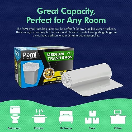 Bolsas de Basura PAMI Medianas de 8 Galones, Paquete de 100, Blancas - Resistentes y Multiusos para Cocina, Baño y Oficina, 1ft x 2ft - imagen 3