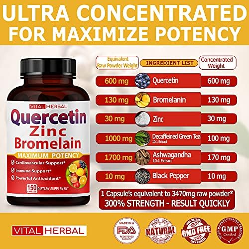 Cápsulas de Quercetina Premium 98% con Bromelina y Té Verde Ashwagandha - Potencia Máxima para Salud, Fuerza y Energía - Suministro para 90 Días - imagen 2