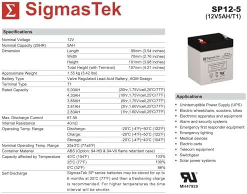 Batería Compatible SigmasTek Liftmaster 485LM, 12V 5Ah F1 - imagen 3