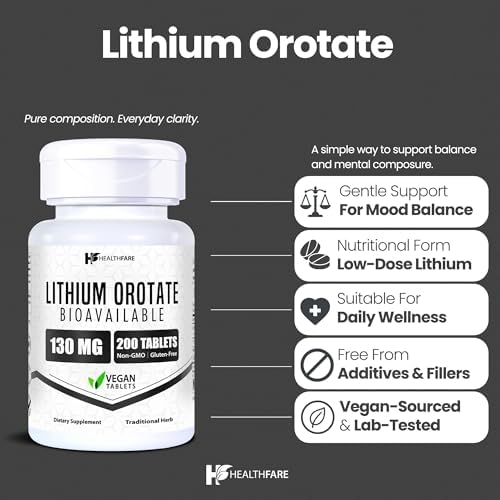 Suplemento de Orotato de Litio HealthFare 130mg | 200 Tabletas Vegetarianas | Mineral Traza de Alta Biodisponibilidad | Apoyo para Ánimo, Cerebro y - imagen 2