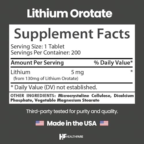 Suplemento de Orotato de Litio HealthFare 130mg | 200 Tabletas Vegetarianas | Mineral Traza de Alta Biodisponibilidad | Apoyo para Ánimo, Cerebro y - imagen 3