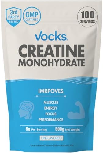 Vocks Creatina Monohidratada en Polvo - Suplemento de Creatina Micronizada, Sin Sabor y Sin Gluten, 5g por Porción, 500g (1.1 lbs) - imagen 1